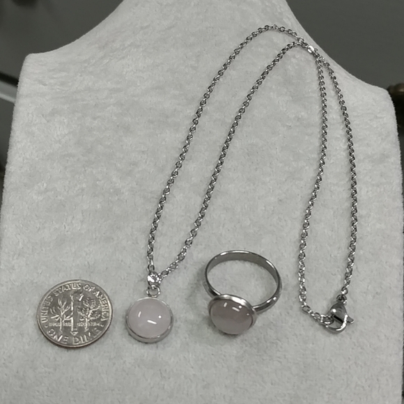 Rose Quartz Necklace Ring Set Natural Gemstone Adjustable Stainless-Steel 2pc - Picture 7 of 11